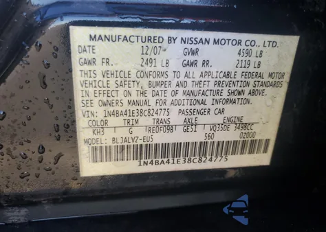 2008 Nissan Maxima Se from USA, damaged, VIN 1N4BA41E38C824775